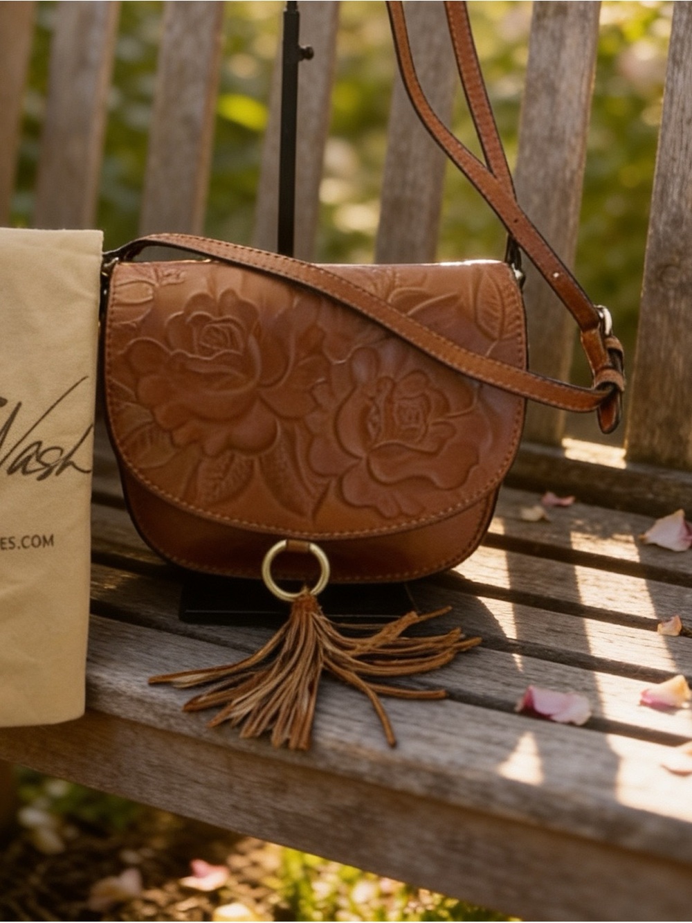 Patricia Nash warm brown, hand tooled Leather Floral Crossbody Bag